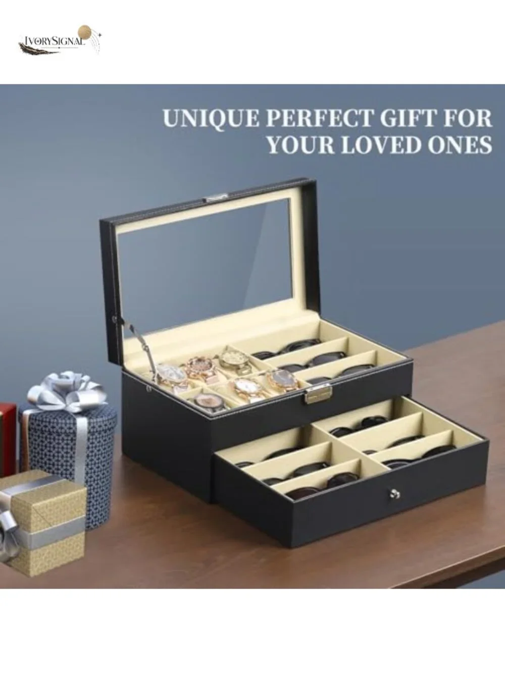 Lockable PU Leather Watch and Sunglasses Storage Case with Glass Top